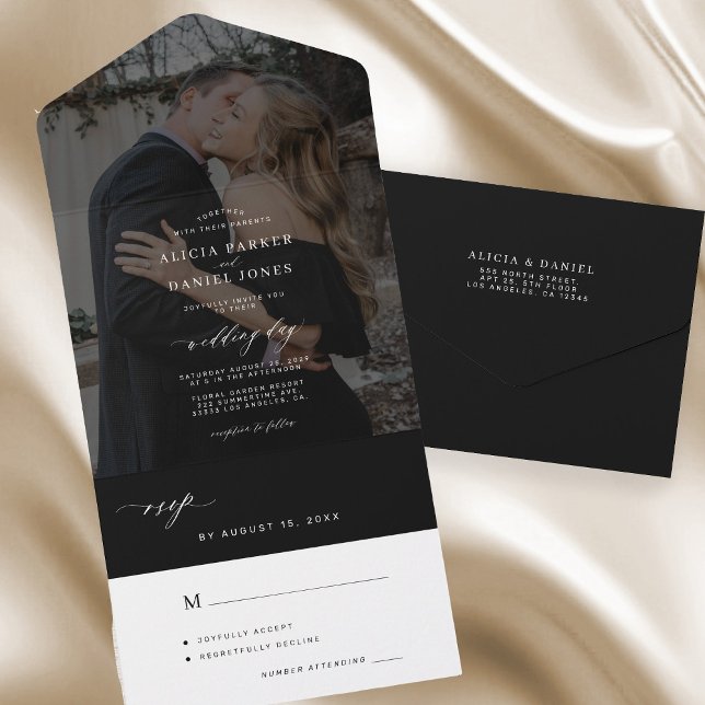 Minimalist elegant black photo wedding  all in one invitation (Creator Uploaded)