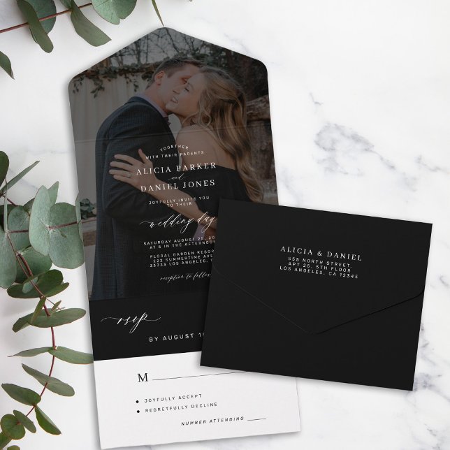 Minimalist elegant black photo wedding  all in one invitation (Creator Uploaded)