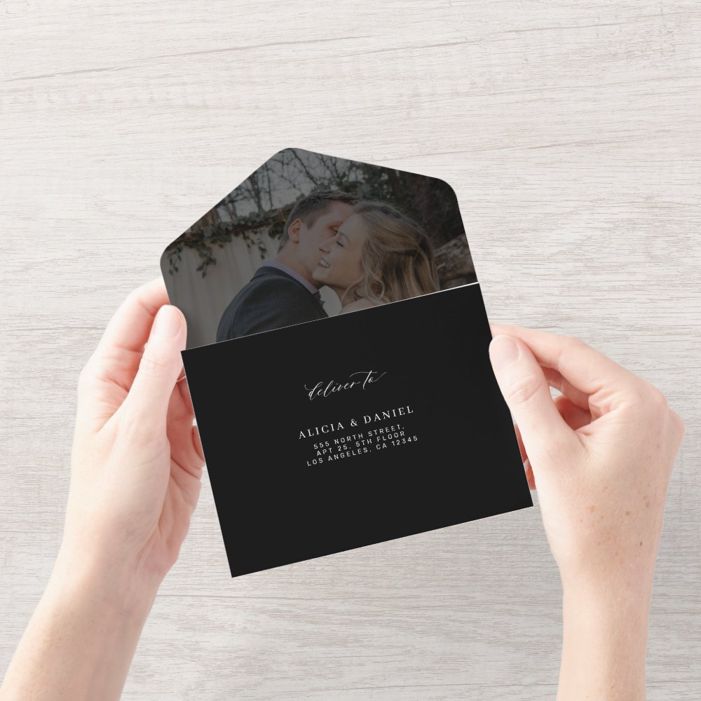 Discover Minimalist elegant black photo wedding  all in one invitation