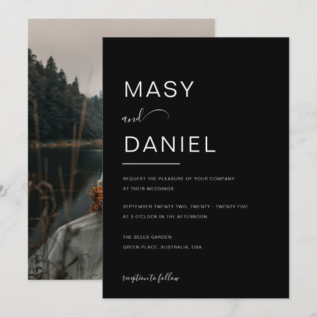 Minimalist Elegant Black Romantic Photo Wedding Invitation (Front/Back)