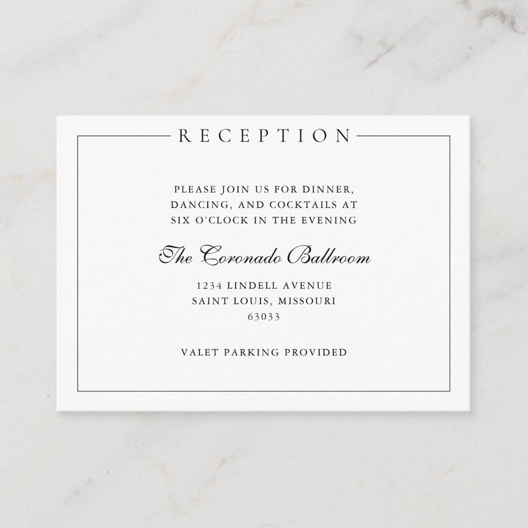 Minimalist Elegant Black Wedding Reception Enclosure Card | Zazzle