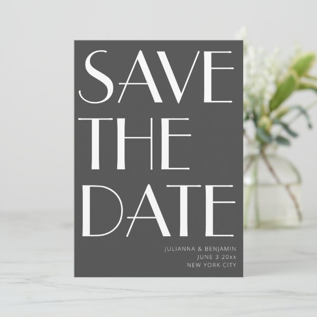 Minimalist Elegant Black White Art Deco Wedding Save The Date (Standing Front)