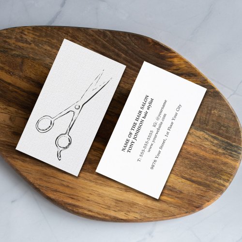 Minimalist Elegant Black White Scissor Hairstylist Business Card