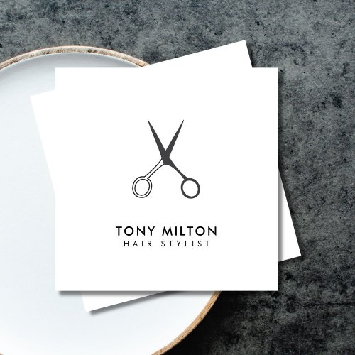 Minimalist Elegant Black White Scissor Hairstylist Square Business Card