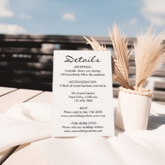 Minimalist Elegant Black & White Wedding Details  Enclosure Card