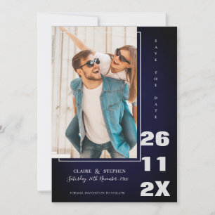 Minimalist Elegant Blue Bold Font Photo Wedding Save The Date