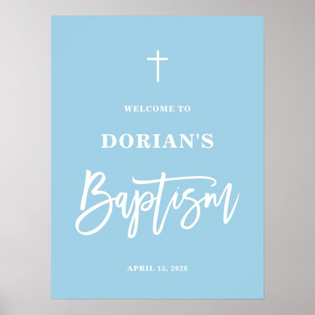 Minimalist Elegant Blue Boy Baptism Welcome Poster (Front)