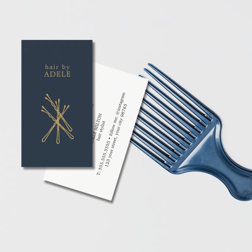 Minimalist Elegant Blue Golden Pins Hair Stylist  Business Card
