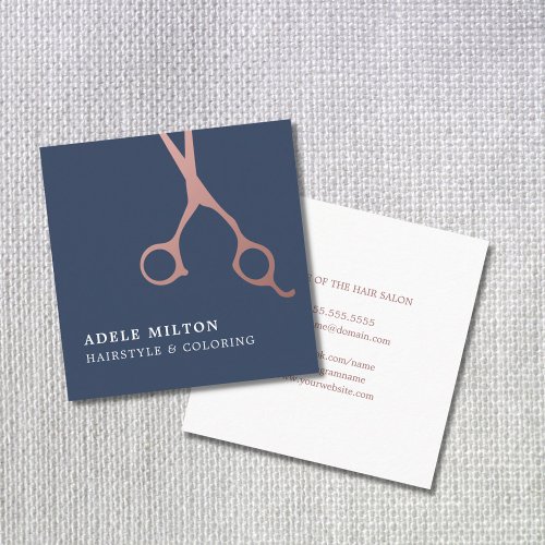 Minimalist Elegant Blue Rose Gold Hair Stylist Square Business Card