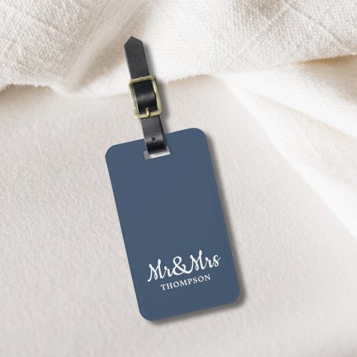 Minimalist Elegant Blue White MrMrs Luggage Tag