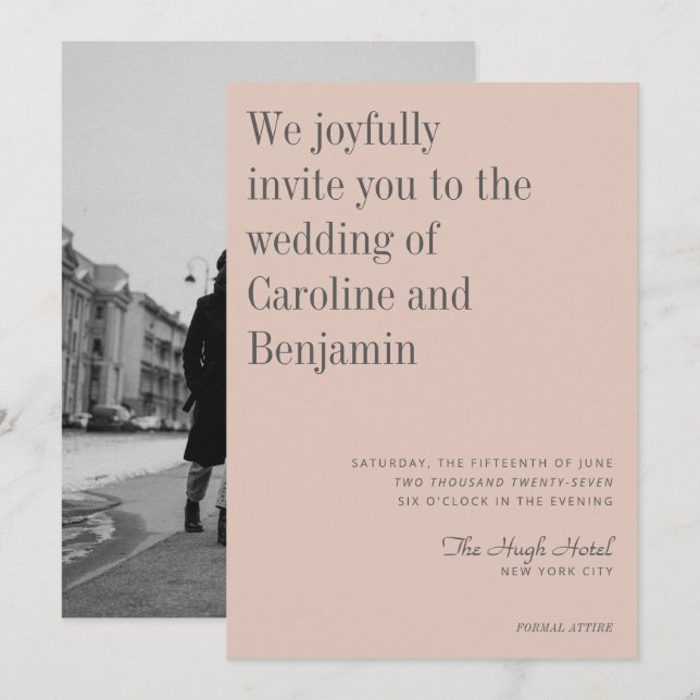 Minimalist Elegant Blush Gray Photo Wedding Invitation (Front/Back)