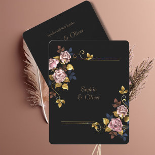 Minimalist Elegant Boho Black Gold Floral Wedding Invitation