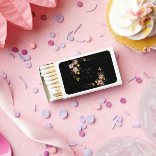 Minimalist Elegant Boho Black Gold Floral Wedding Matchboxes