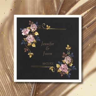 Minimalist Elegant Boho Black Gold Floral Wedding Napkins