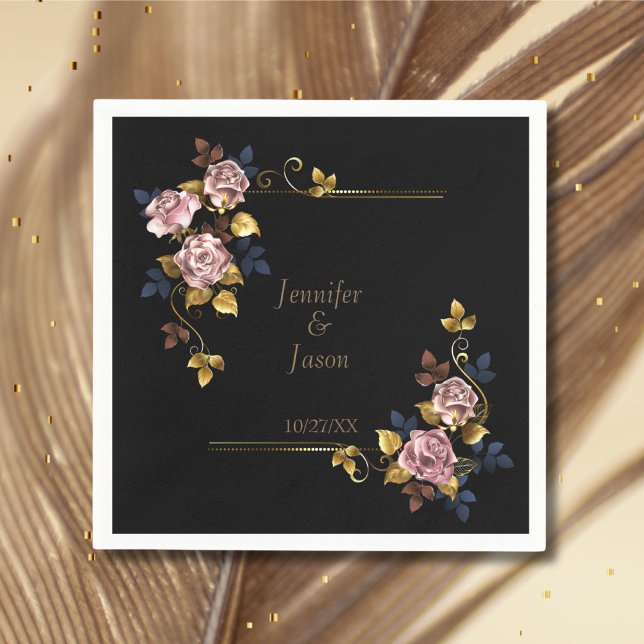 Minimalist Elegant Boho Black Gold Floral Wedding Napkins (Creator Uploaded)