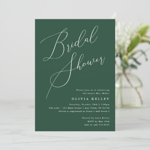 Minimalist Elegant Bridal Shower Deep Green Invitation