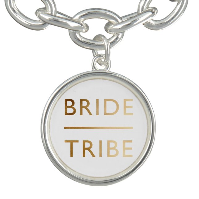 minimalist elegant bride tribe faux gold text charm bracelet (Design)