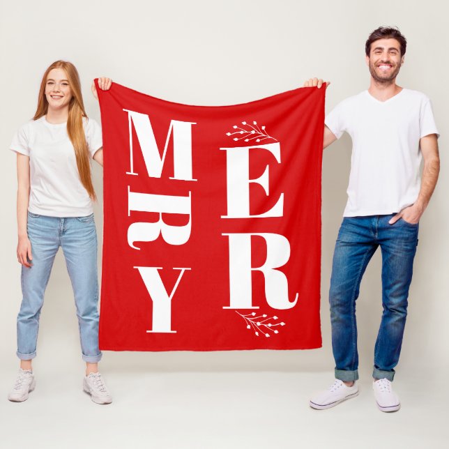 Minimalist Elegant Bright Red Merry Christmas Fleece Blanket (In Situ)