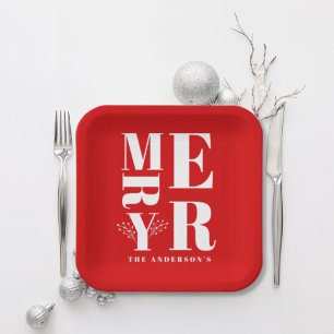 Minimalist Elegant Bright Red Merry Christmas Paper Plates