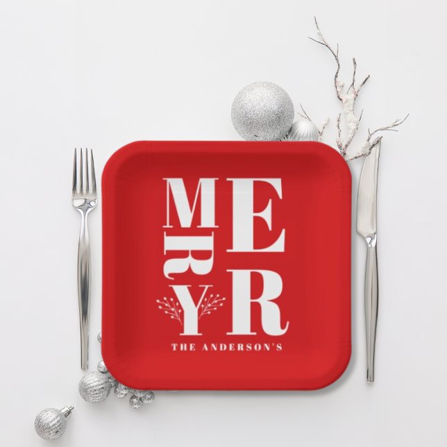 Minimalist Elegant Bright Red Merry Christmas Paper Plates (Creator Uploaded)