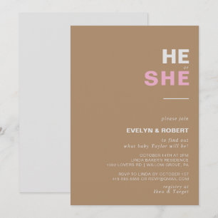 Minimalist Elegant Brown He or She Gender Reveal Invitation