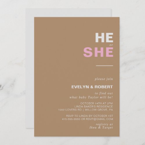 Minimalist Elegant Brown He or She Gender Reveal  Invitation