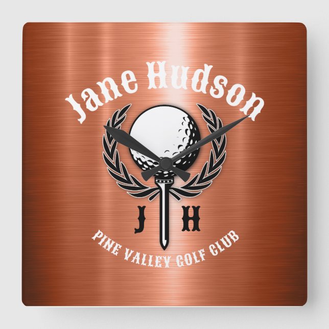 Minimalist Elegant Brushed Copper Golf Design Square Wall Clock (Front)