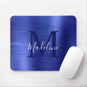 Minimalist Elegant Brushed Metal Blue Monogram Mouse Pad