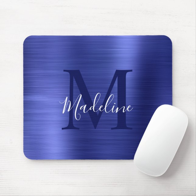 Minimalist Elegant Brushed Metal Blue Monogram Mouse Pad (With Mouse)