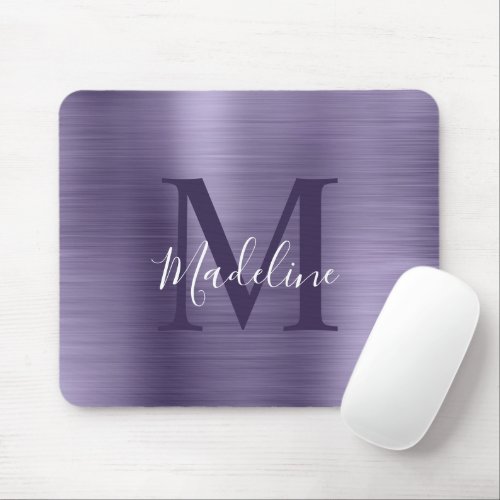 Minimalist Elegant Brushed Metal Purple Monogram Mouse Pad