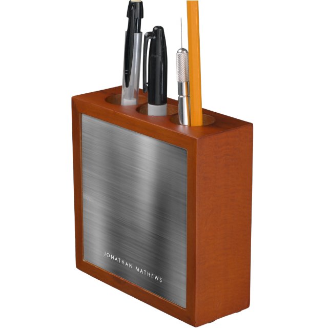 Minimalist Elegant Brushed Metal Silver Gray  Desk Organizer (In Situ)