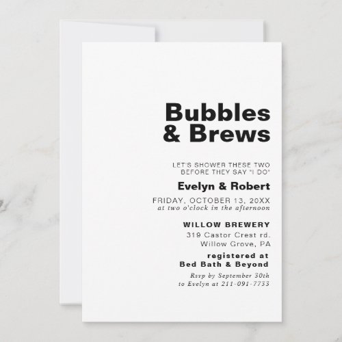 Minimalist Elegant Bubbles  Brews Bridal shower  Invitation