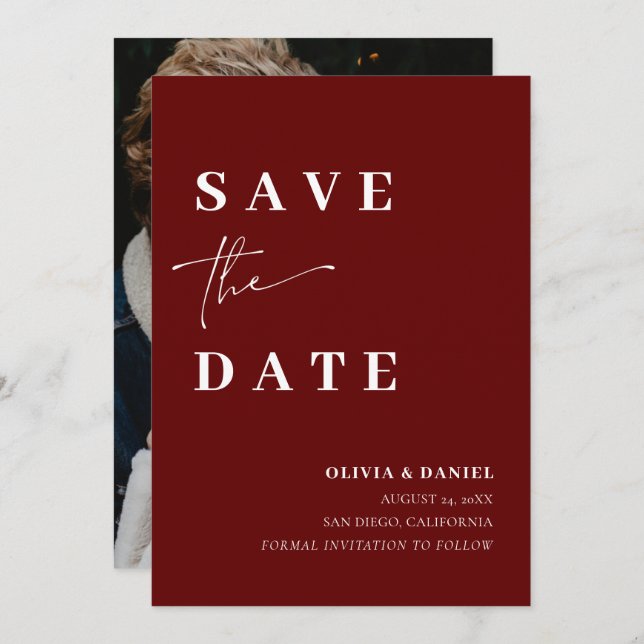 Minimalist Elegant Burgundy Photo Save the Date Invitation (Front/Back)