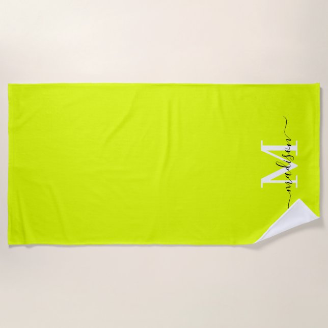 Minimalist Elegant Chartreuse Yellow Monogrammed Beach Towel (Front)