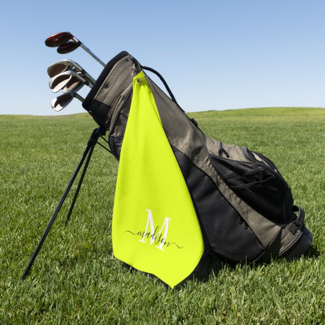 Minimalist Elegant Chartreuse Yellow Monogrammed Golf Towel (Green)