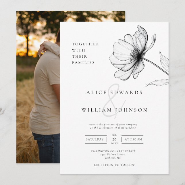 Minimalist Elegant Chic Floral Photo Wedding Invitation (Front/Back)