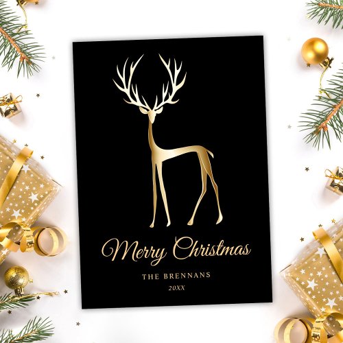 Minimalist Elegant Christmas Black Gold Reindeer Holiday Card
