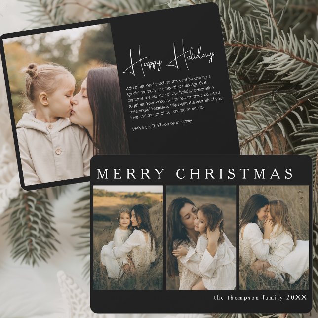 Minimalist Elegant Christmas Simple 4 Photo Black Holiday Card (Creator Uploaded)
