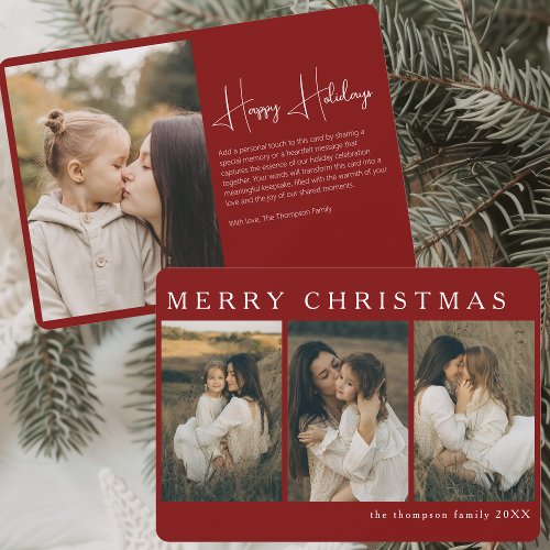 Minimalist Elegant Christmas Simple 4 Photo Red Holiday Card
