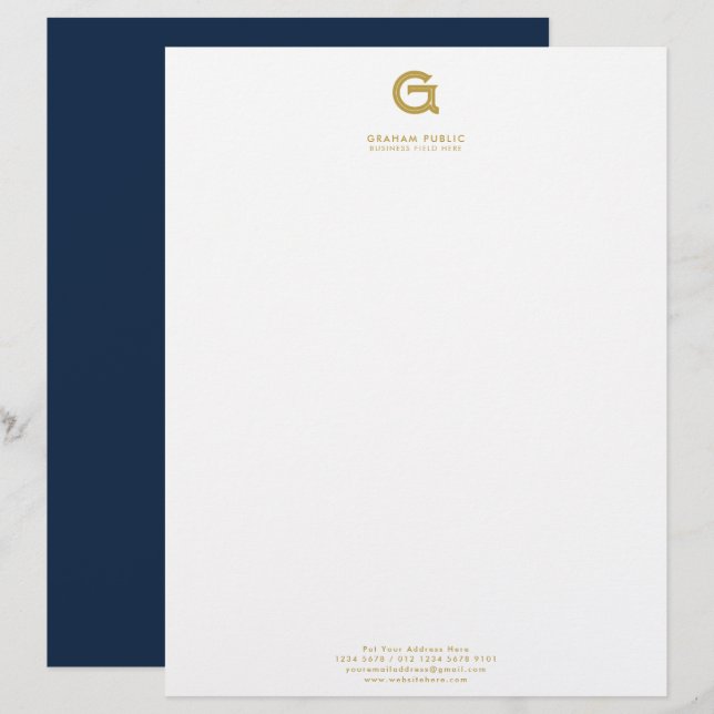 Minimalist Elegant Company Initial on Dark Blue Letterhead (Front/Back)
