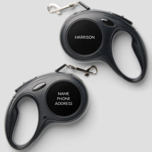 Minimalist elegant custom name and contact black retractable pet leash