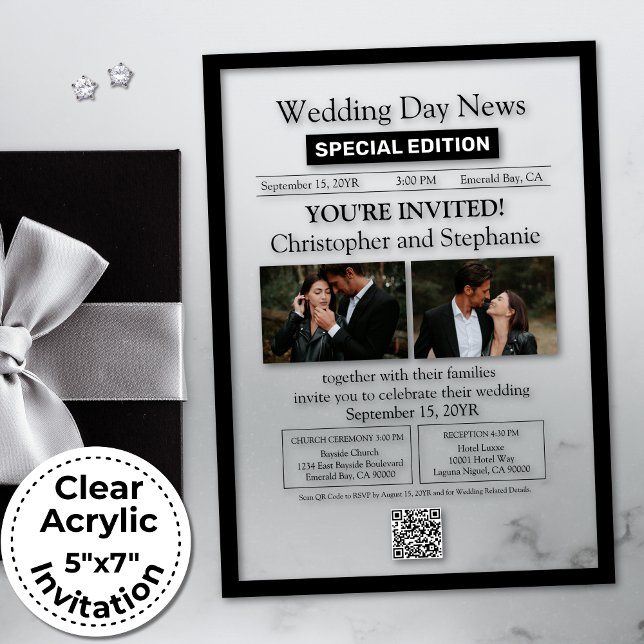 Minimalist Elegant Customizable Newspaper Wedding Acrylic Invitations (Elegant Chic Editable Modern Black Typography All Season Newspaper Style Wedding Invitation)