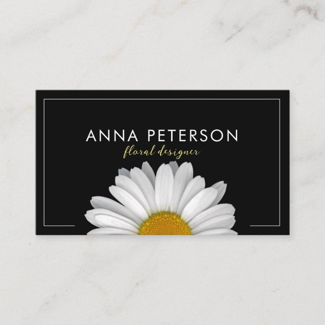 Minimalist Elegant Daisy Flower on Black Business Card (Front)