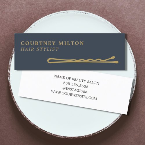 Minimalist Elegant Dark Blue Golden Hair Stylist Mini Business Card