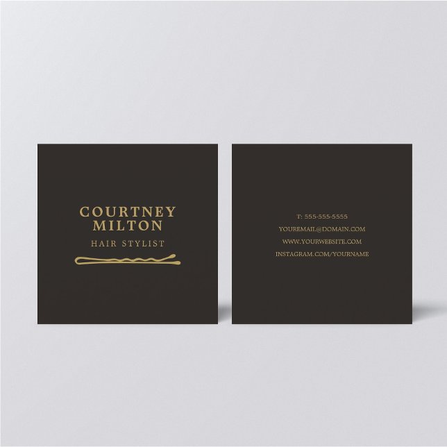 Minimalist Elegant Dark Faux Gold Hair Pin Square Business Card (Creator Uploaded)