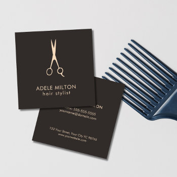 Minimalist Elegant Dark Rose Scissor Hairstylist Square Business Card by pro_business_card at Zazzle