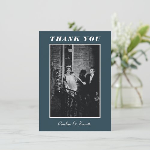 Minimalist Elegant Dark Teal Wedding Custom Photo Thank You Card