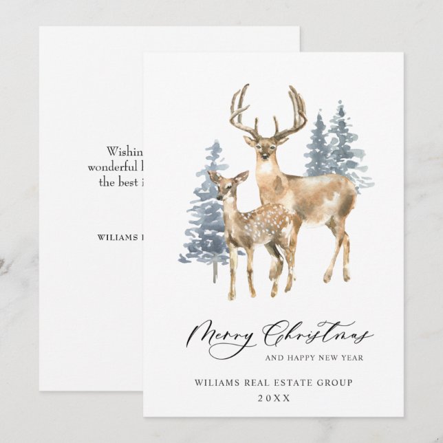 Minimalist Elegant Deer Christmas Tree Corporate Holiday Card (Front/Back)