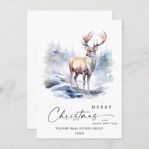 Minimalist Elegant Deer Christmas Tree Corporate Holiday Card