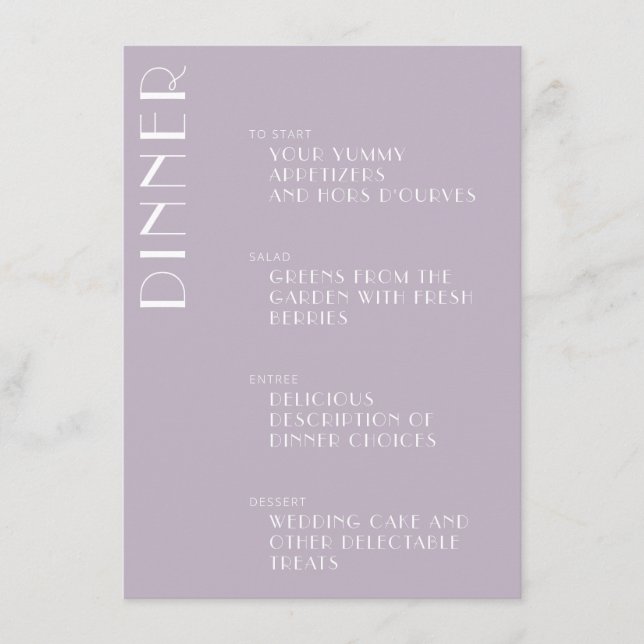 Minimalist Elegant Dusty Lilac Art Deco Wedding Menu (Front)